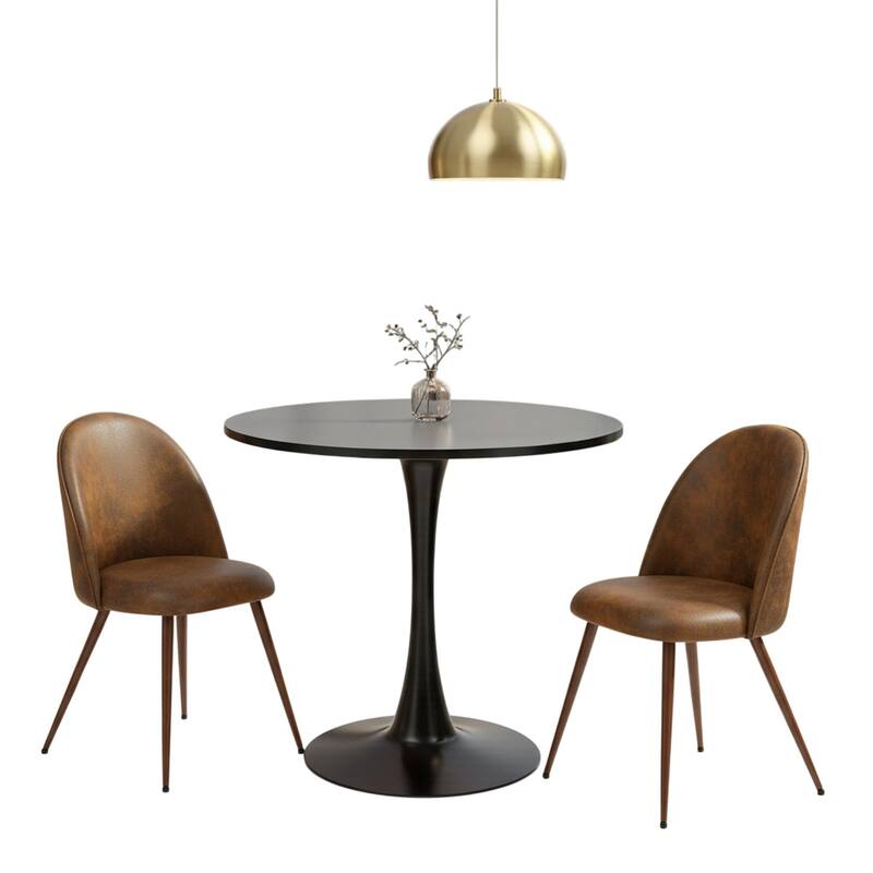 Homy Casa Modern 3-Piece Dining Set with White Round Tulip Table and Upholstered Chairs - Black - Brown