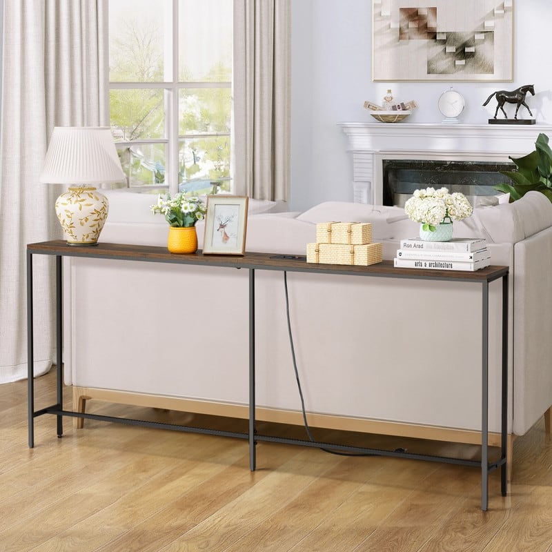 70.9 inch Console Table with 2 Power Outlets and USB Ports, Narrow Entryway Table Sofa Table for Living Room