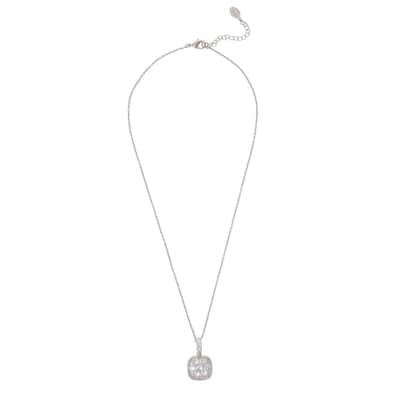 White Rhodium Clad CZ Square Pendant Necklace