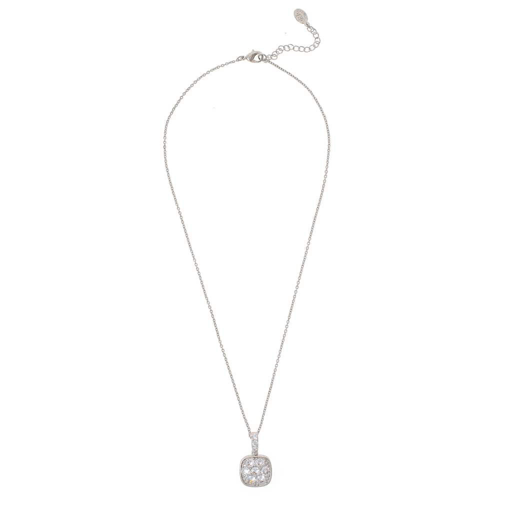 White Rhodium Clad CZ Square Pendant Necklace
