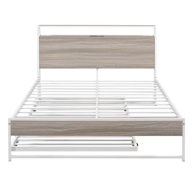 Full Size Metal Platform Bed Frame with Trundle, USB Ports