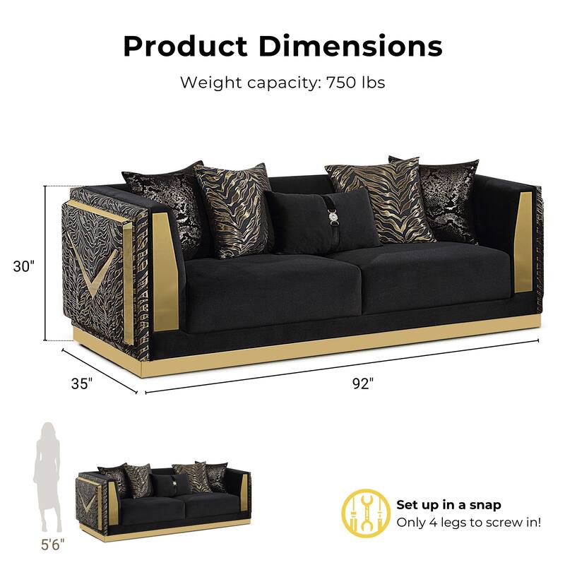 Furniture of America Ospray Glam 2-Piece Black Velvet Upholstered Zebra Print Sofa Set