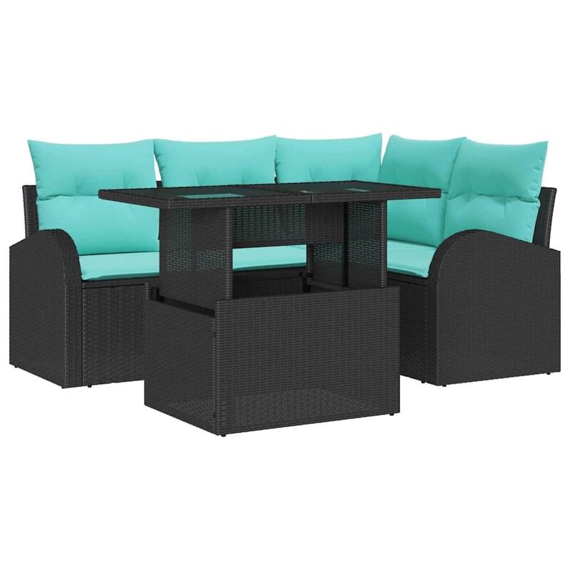 vidaXL 5 Garden Sofa Set with Cushions Black/Brown/Grey Poly Rattan - 69.9 x 48.2 x 27.2