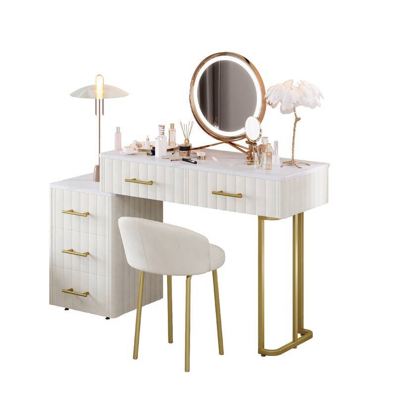 Velvet Upholstered Makeup Vanity Desk with 5 Storage Drawers, Marble-Look Sticker Top Dressing Table and Padded Makeup Chair Set