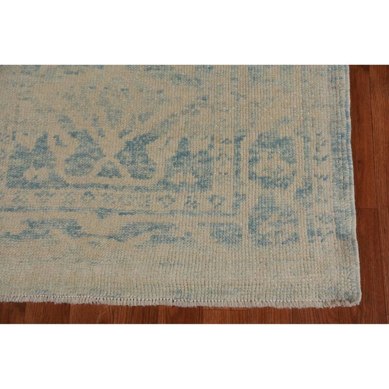Hand Knotted Oriental 100% Wool Carpet Transitional Geometric Navy Blue & Blues Oushak Runner Rug - 16' 8'' X 3' 2''