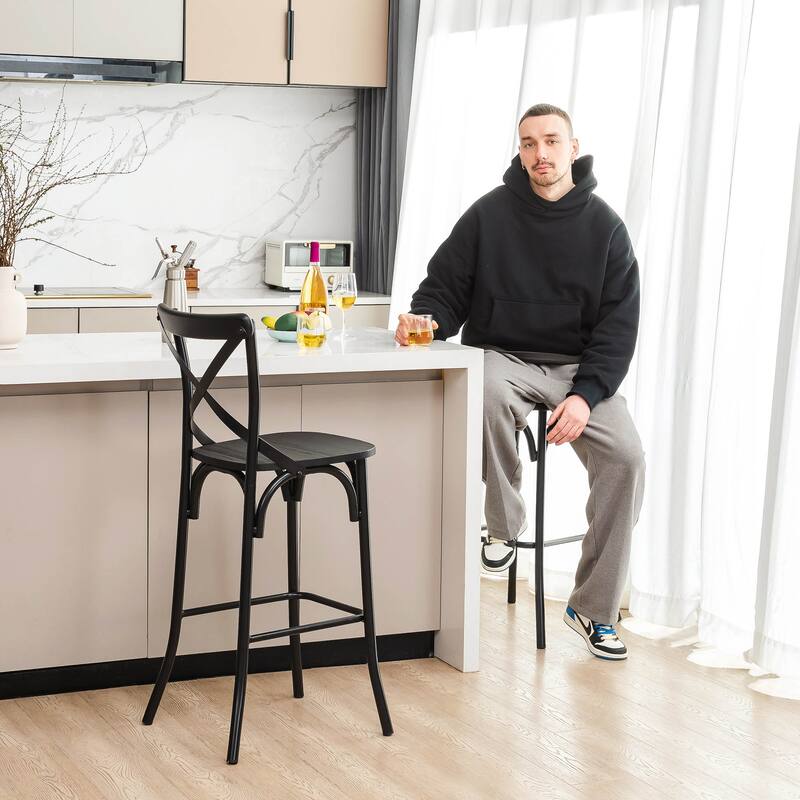 Glitzhome Industrial Metal Solid Elm Wood Seat Kitchen Bar Stool Chairs, Set of 2/4