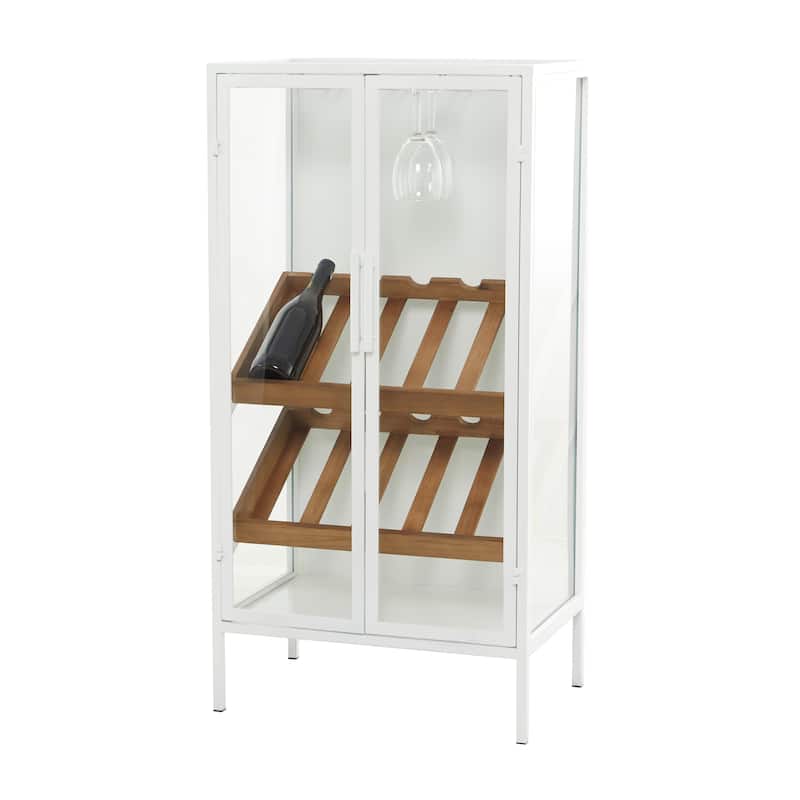 Metal 10 Bottle Standing Wine Rack with Wine Glass Holders and Wood Accents - Black or White - Roche River Decor - White
