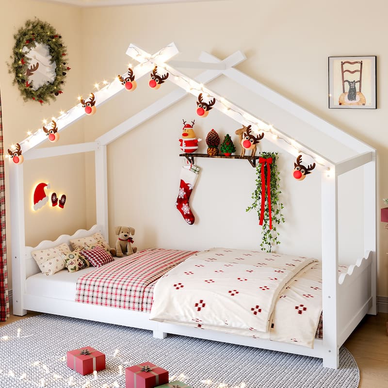 Roomfitters House Floor Bed with Support Slats, Solid Wood Open Frame Design - Light White - Twin