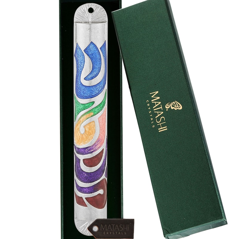 Matashi Hand Painted Multi Color Enamel 6'' Mezuzah Embellished w/ Hebrew Shin Home Door Wall Decor Housewarming Present Gift