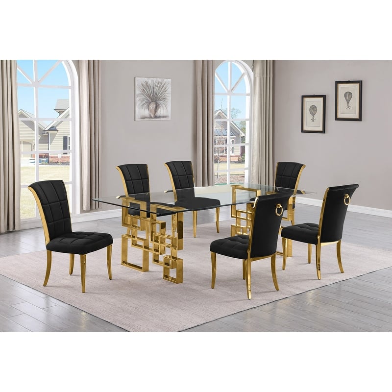 Best Quality Furniture D223/4-SC320-7 Dining Set with 95" 15mm Glass - 7-Piece - Black / Gold