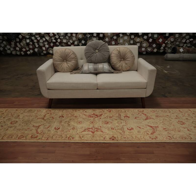 Hand Knotted Oriental 100% Wool Carpet Traditional Floral Beige & Ivories Peshawar Runner Rug - 12' 9'' X 2' 5''