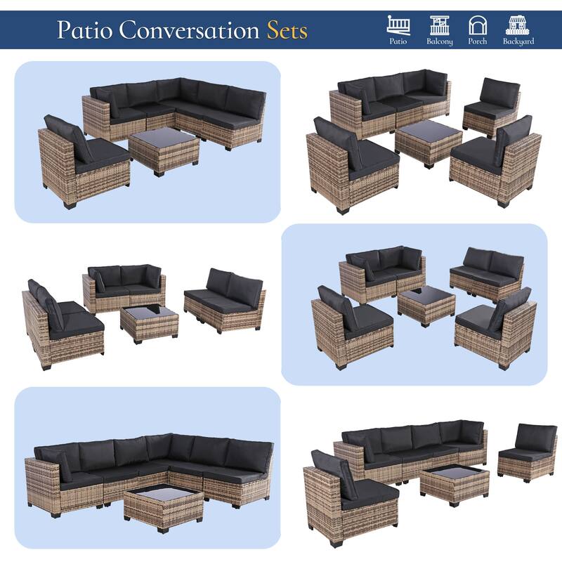 7-Piece Wicker Patio Conversation Set with Cushions,6 Sofas, 1 Table