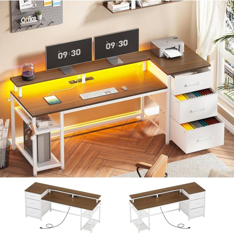 Office Desk 3 Fabric Drawers Computer Desk LED Lights & Power Outlet