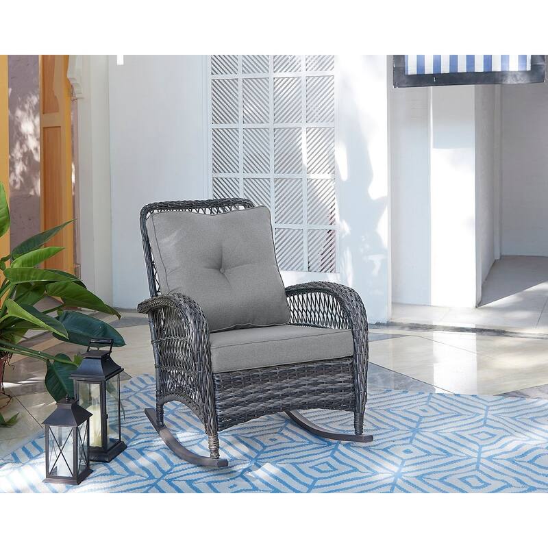 Manhattan Comfort Furttuo Steel Rattan Outdoor Rocking Chair with Cushions - Grey