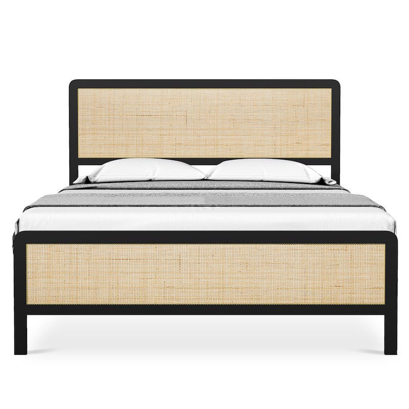 Boho Platform Bed Frame with Rattan Headboard, Heavy-Duty Metal Slat Support