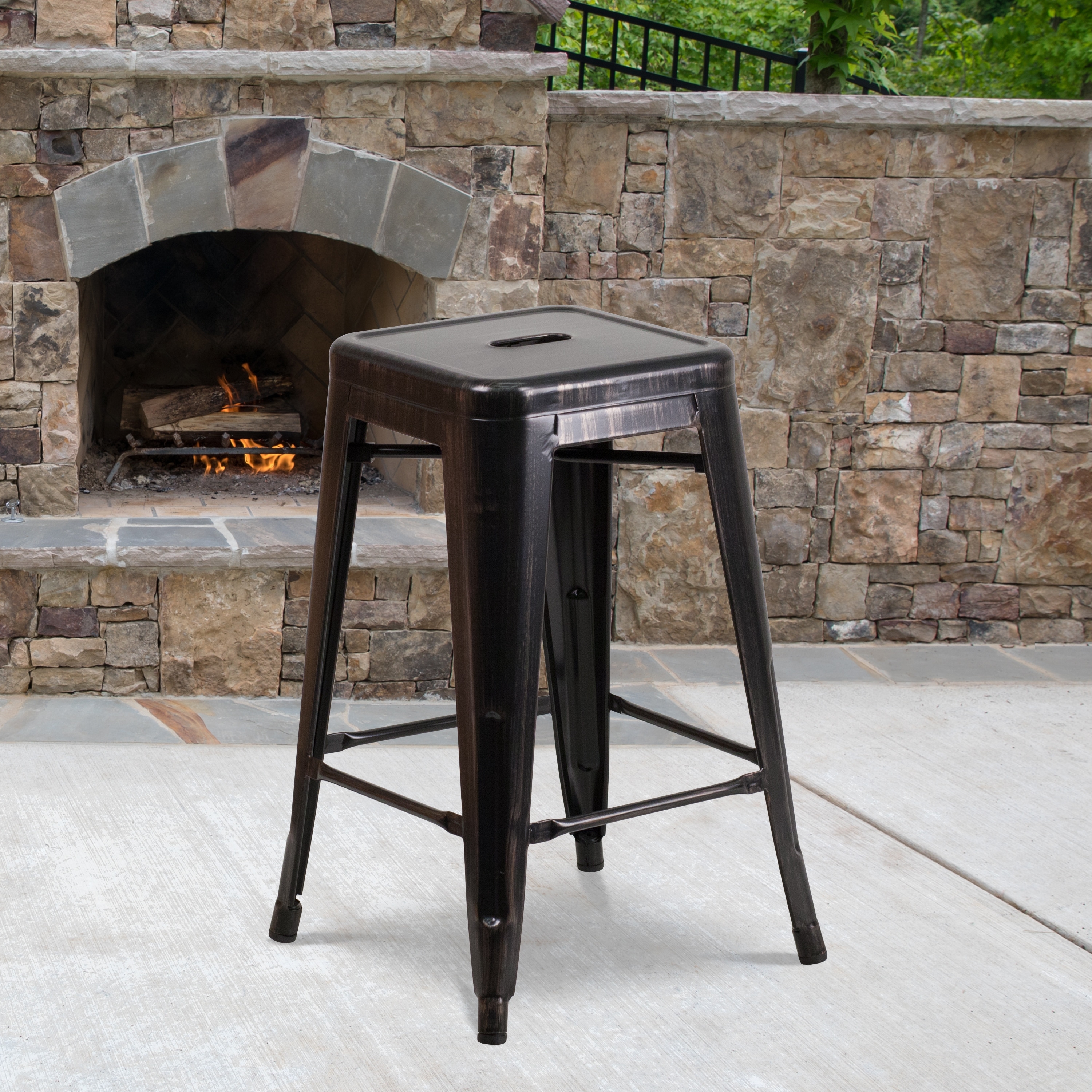 30" High Backless Black-Antique Gold Metal Indoor-Outdoor Barstool w/Square Seat 