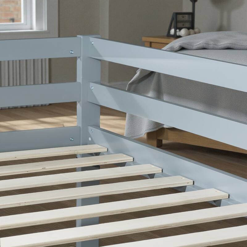 Solid Rubber Wood Twin Over Twin Floor Bunk Bed with Ladder, Low Height Design and Strengthened Slat Support