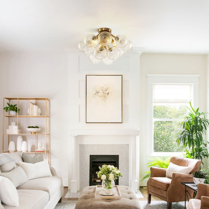 4-Light Modern Luxury Brushed Brass Iron & Textured Glass Globe Flush Mount Ceiling lighting for Living & Dining Areas