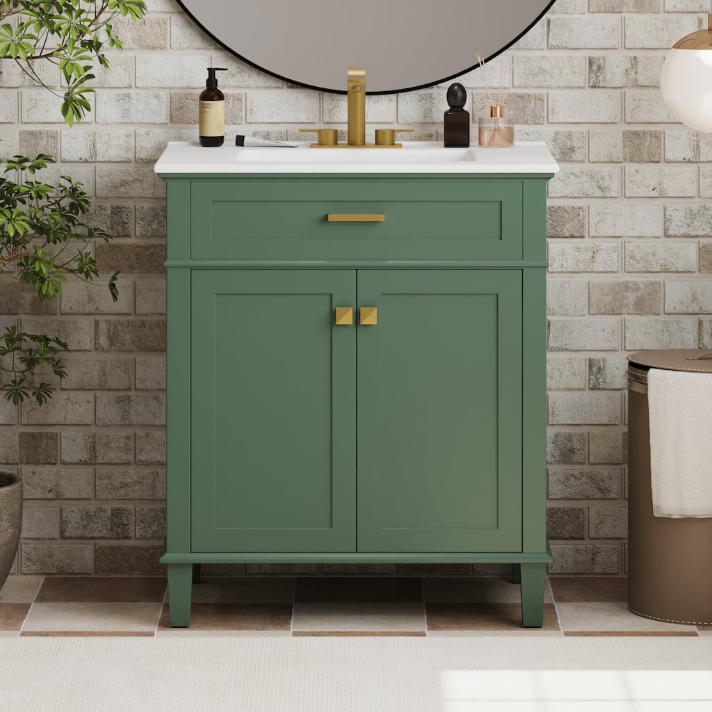 30-inch Green Bathroom Vanity with Ceramic Sink, Soft Close Doors, Adjustable Shelves, and Gold Handles - 18in L Solid Wood+MDF