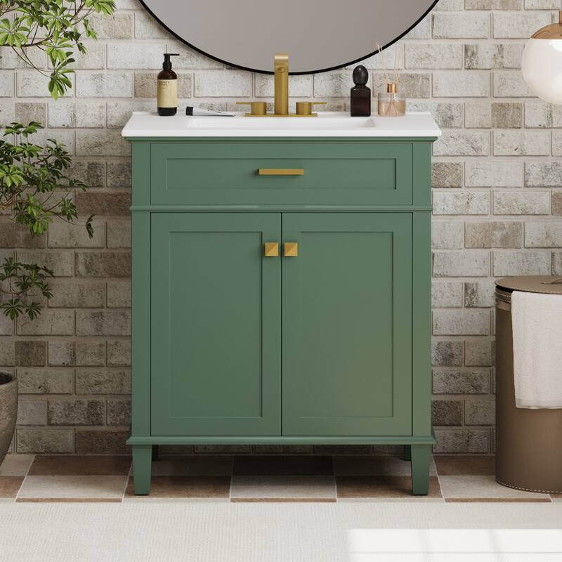 30-inch bathroom vanity with ceramic basin, soft close door and adjustable shelves - Green