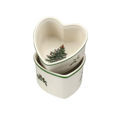 Spode Set of 2 Christmas Tree Heart shaped Scalloped Ramekins