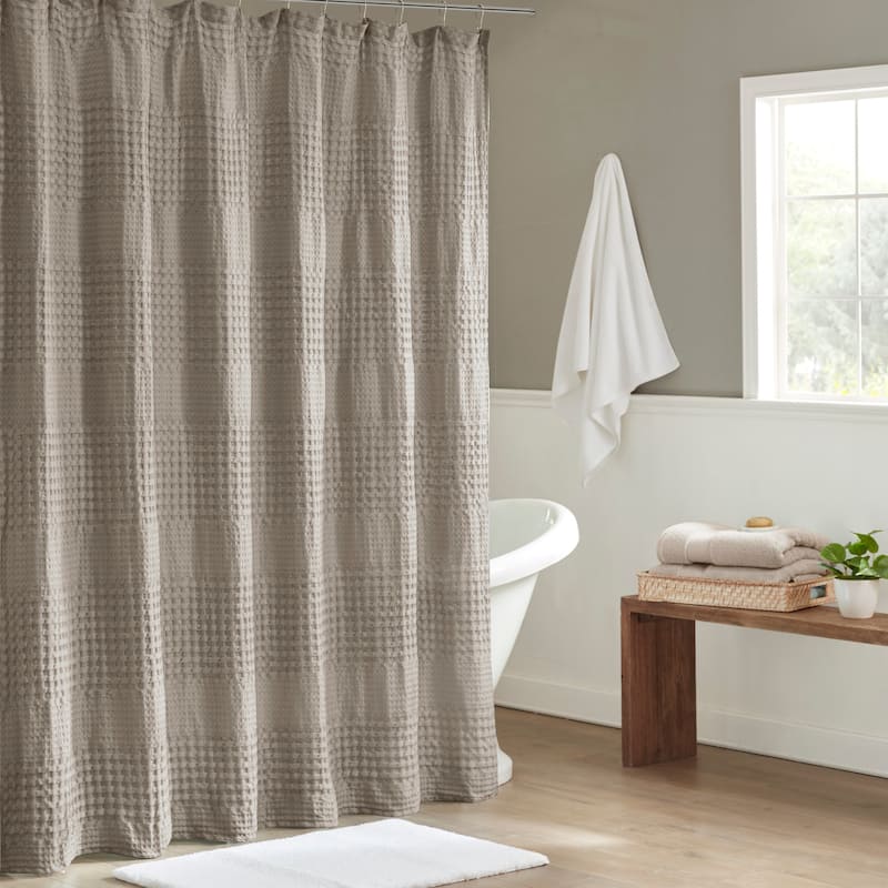 White 100 Cotton Waffle Patterned Shower Curtain