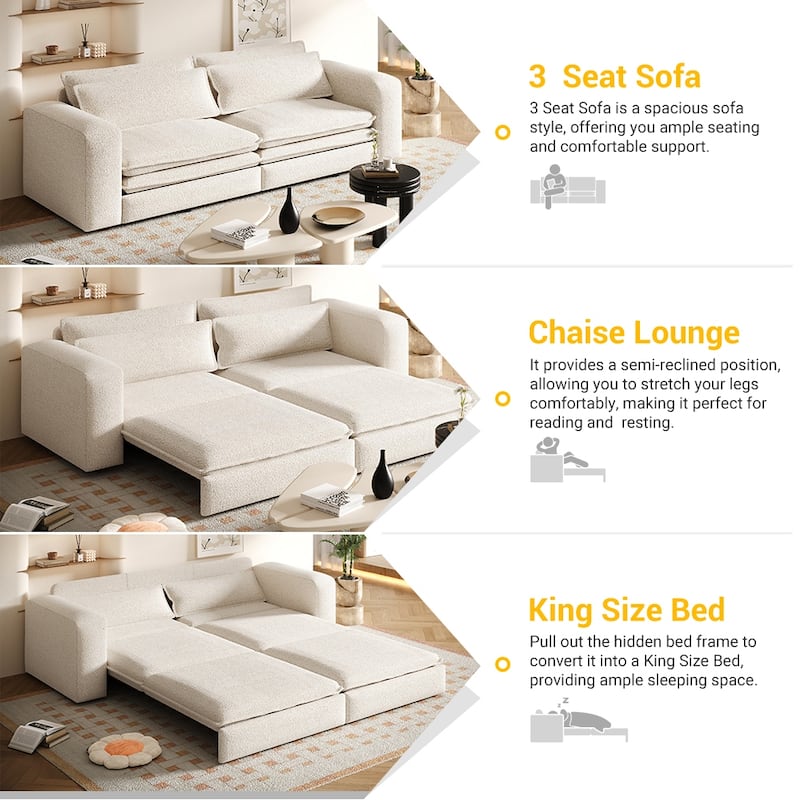 93" Convertible Sleeper Sofa Bed with Chaise Lounge, 3-in-1 Pull Out Sofa Couch, Teddy Fabric Loveseat Sofa w/ 2 Lumbar Pillows