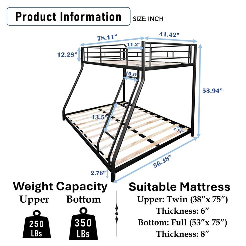 Sturdy Metal Twin over Full Bunk Bed with Noise-Free Wood Slats and Full Guardrail