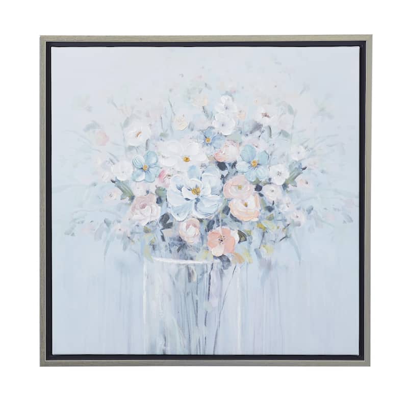 Canvas Floral Bouquet Living Room Framed Wall Art with Silver Frame - Blue - Roche River Decor - 24"W, 24"H