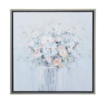 Canvas Floral Bouquet Living Room Framed Wall Art with Silver Frame - Blue - Roche River Decor