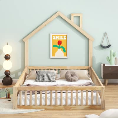 Wooden house platform bed with guard rails