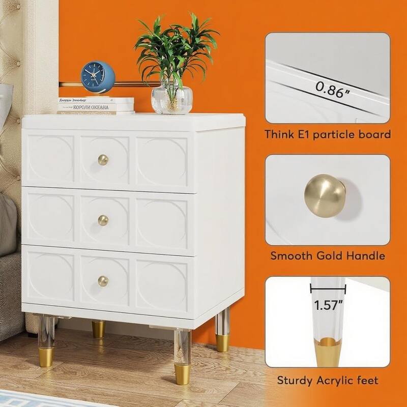 White Wood Nightstand with Gold Handles Acrylic Legs and 3 Drawers