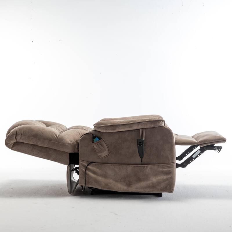 Beige Oversized Electric Recliner featuring OKIN Motor, 180° Lay Flat Lift, Extra-Wide Seat, and Storage Pockets