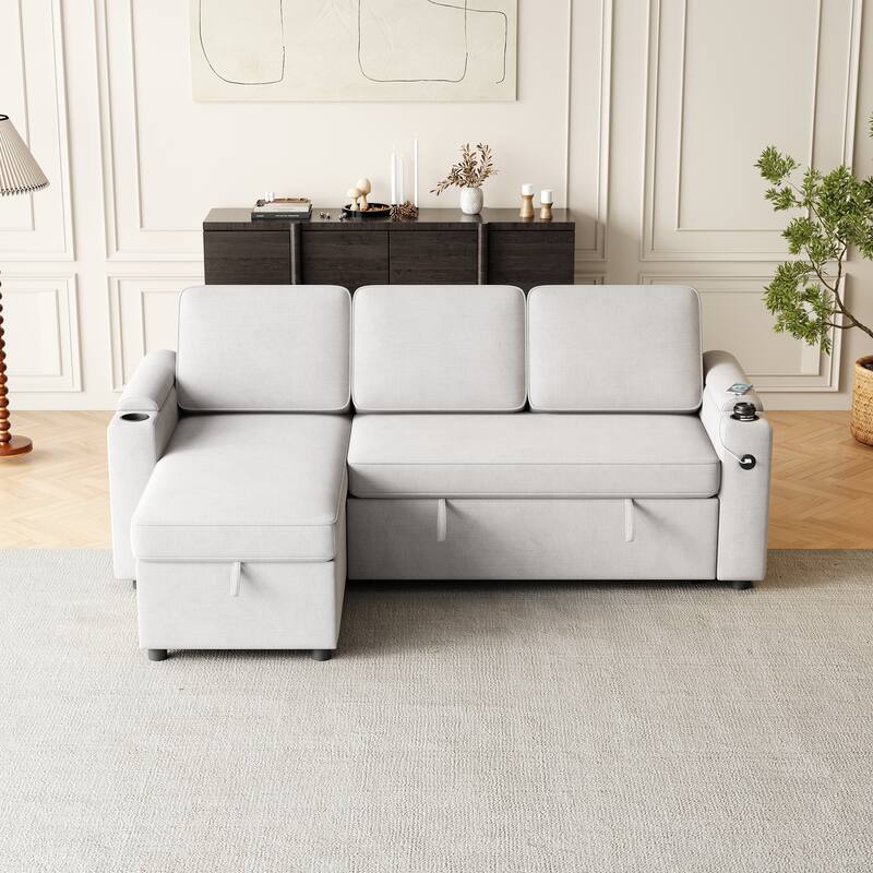 85.8-Inch Sleeper Sofa with Storage,L Shaped Sofa with Pull Out Bed and Charging Port 