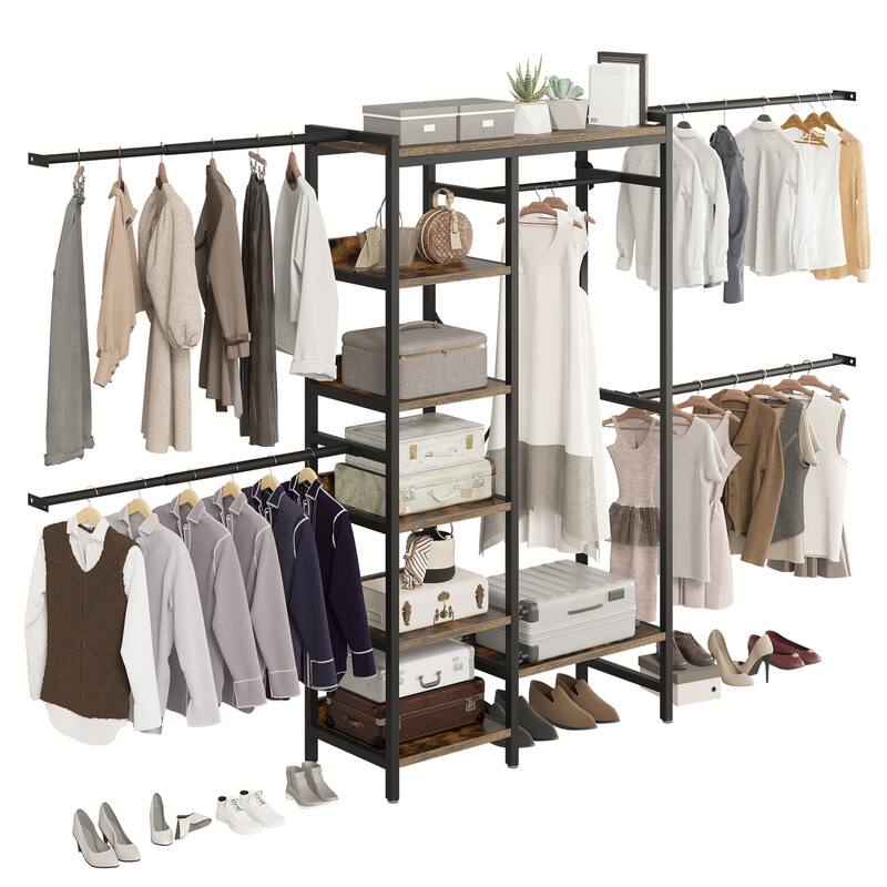 Moasis 86.6" - 118"W Adjustable Heavy Duty Garment Rack Closet Organizer System With 4 Expandable Hanger Rods & 7 Shelfs