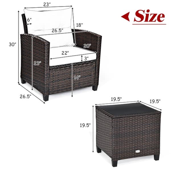 dimension image slide 1 of 3, Costway 3PCS Patio Rattan Furniture Set Cushioned Conversation Set - See Details