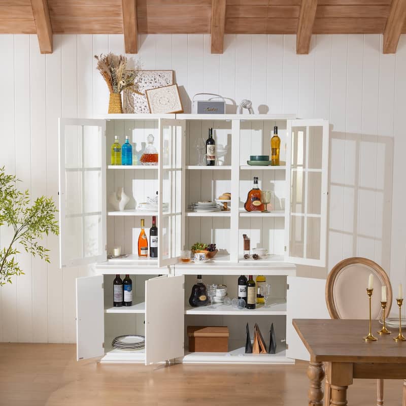 Roomfitters 75.25'' Pantry Cabinet Set with Glass Doors, Farmhouse Display Hutch Wall Storage Cabinet for Kitchen, White