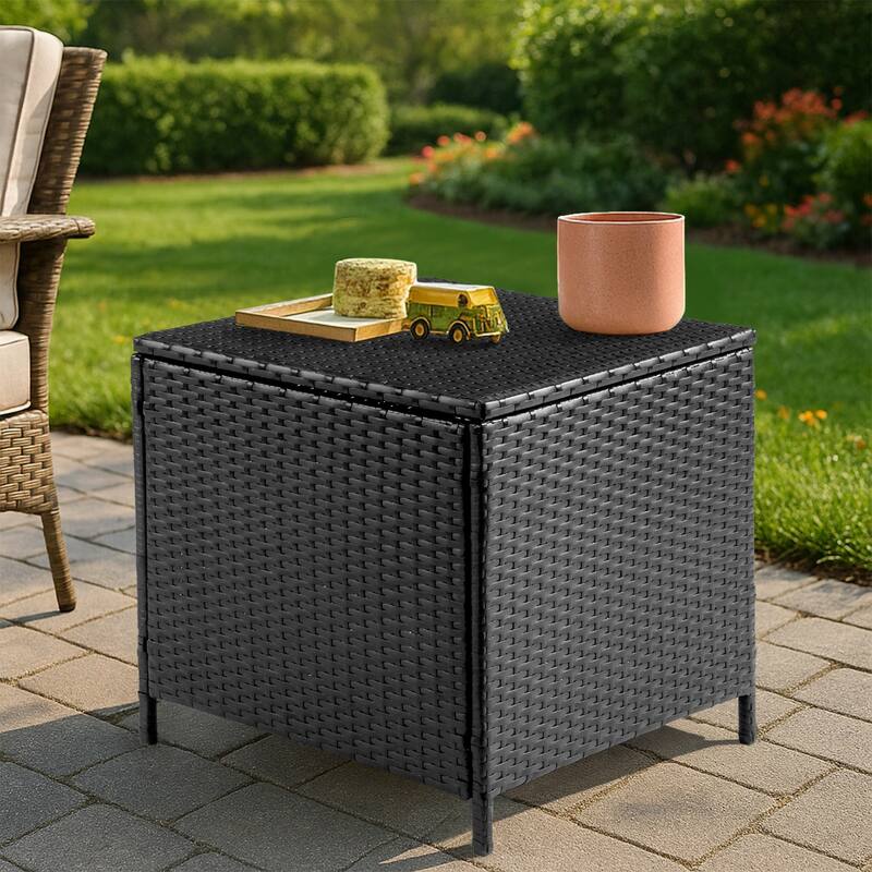 Outdoor PE Wicker Side Table with Storage Patio Rattan End Table Square Container for Toys Furniture - 20.9 x 20.9 x 19.7