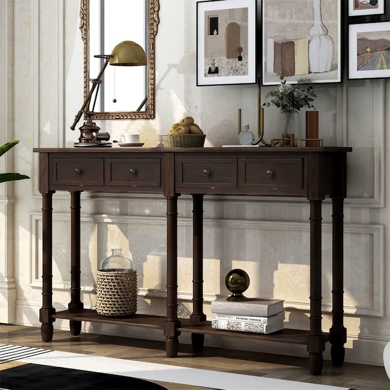 Solid Wooden Console Sofa Table, With 2 Drawers, Bottom Storage Shelves, Easy Assembly, Farmhouse Console Sofa Table