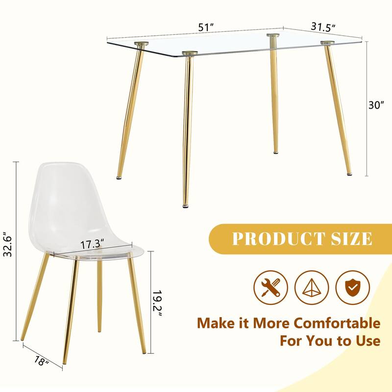 Modern Luxurious Rectangular Tempered Glass Dining Table Set- with 6 Transparent Plastic Chairs with Gold Metal Legs