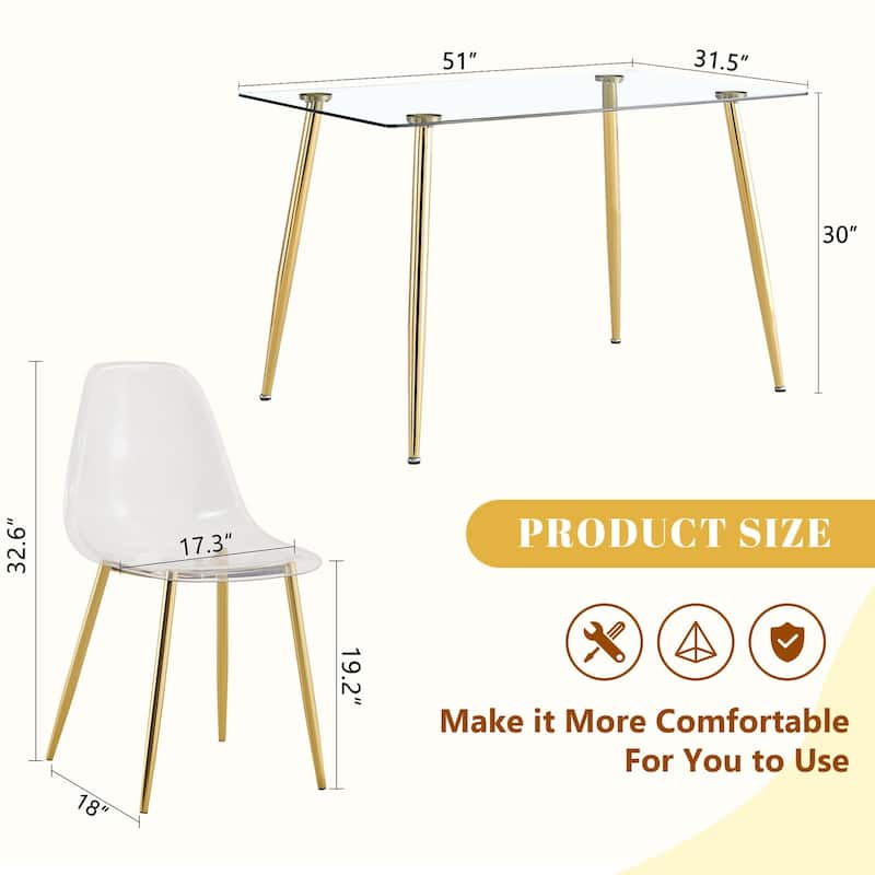 Modern Luxury Dining Set Rectangular Tempered Glass Table 4 Transparent Chairs Gold Legs