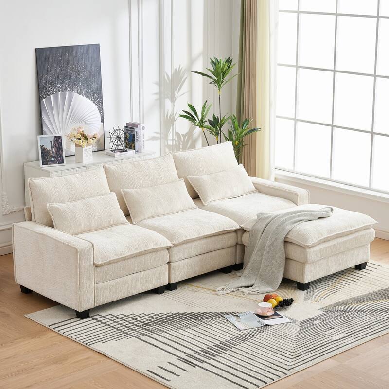Cloud Chenille L-shaped Sectional Sofa, Deep Seat Couch with Thick Cushions, Movable Ottoman and Waist Pillows for Living Room - Beige