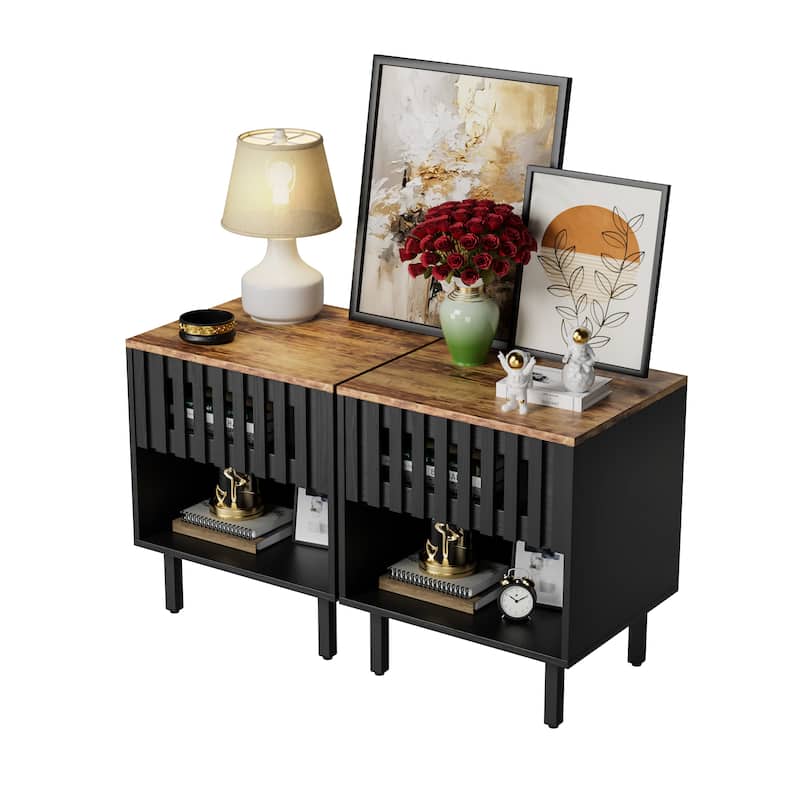 GDF Studio - Mid-Century Modern Nightstand Set with Slatted Grille Door Design and Metal Legs