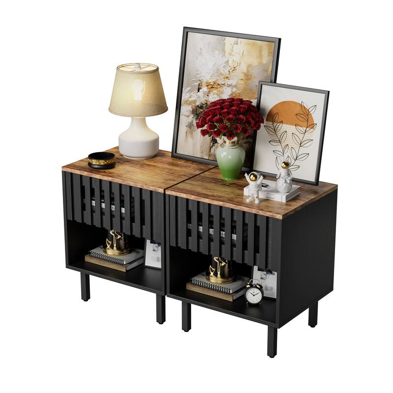 GDFStudio - Mid-Century Modern Nightstand Set with Slatted Grille Door Design and Metal Legs - Black+Brown