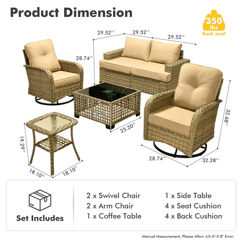 OVIOS 6 Pieces Wide Arm T shaped Seat Curved Swivel Chair Set With Solar-Powered Table