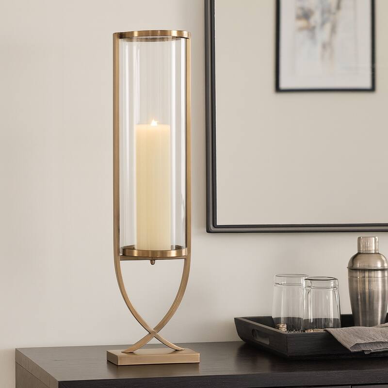 Modern Glass Pillar Candle Holder Decorative Lantern with Steel Frame - Gold/ Metallic - 31.0"
