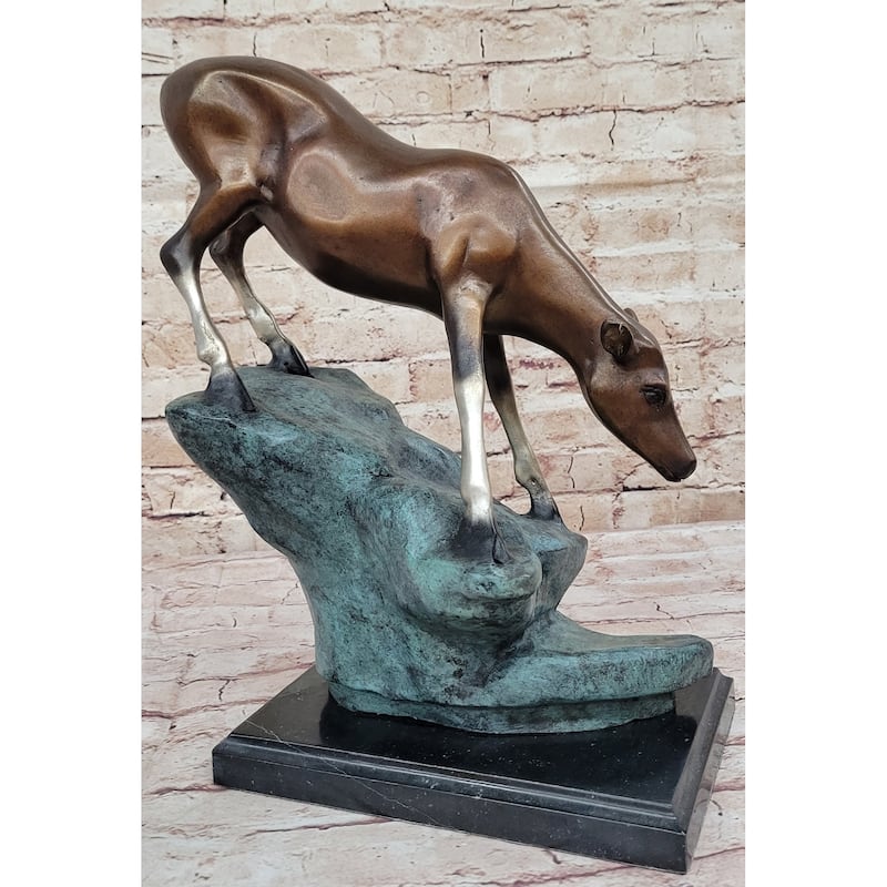 Limned Edition Bronze Deer Sculpture – Graceful Doe Drinking Water Statue