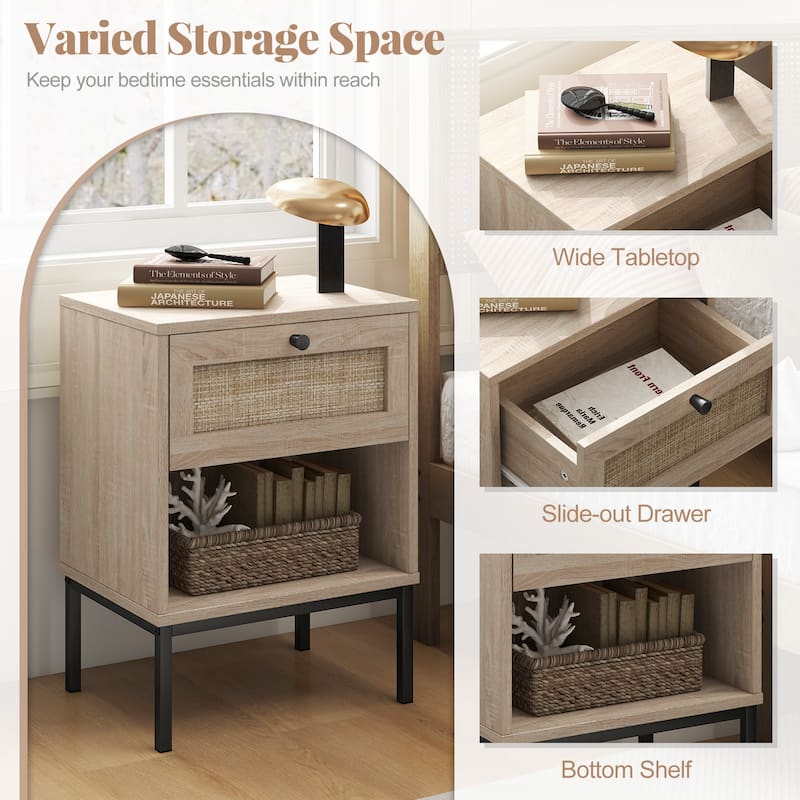 Set of 2 Rattan Nightstand End Table with Rattan Drawer and Open Shelf