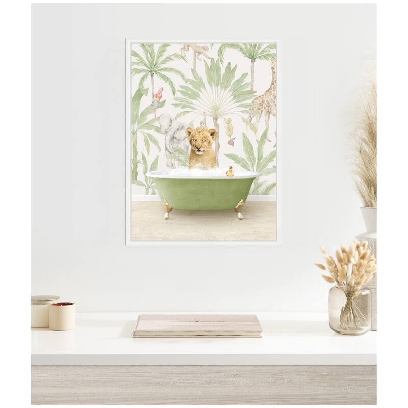 Kate and Laurel Sylvie Lion Cub in Wild Safari Bathtub Framed Canvas by Amy Peterson