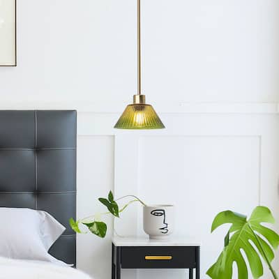 8" Wide Vintage Gold 1-light Green Glass Pendant Light
